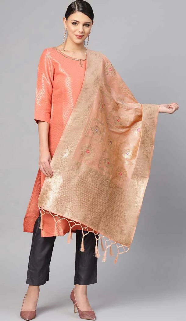 Majesty Peach Color Banarasi Silk Designer Dupatta -743591931