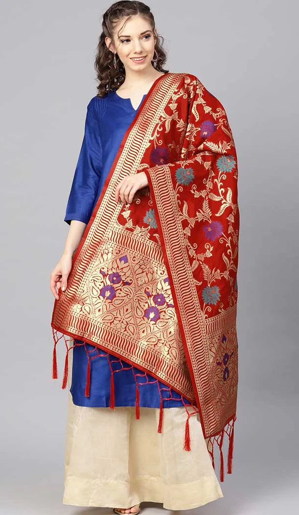 Gleaming Red Color Banarasi Silk Designer Dupatta -743591945