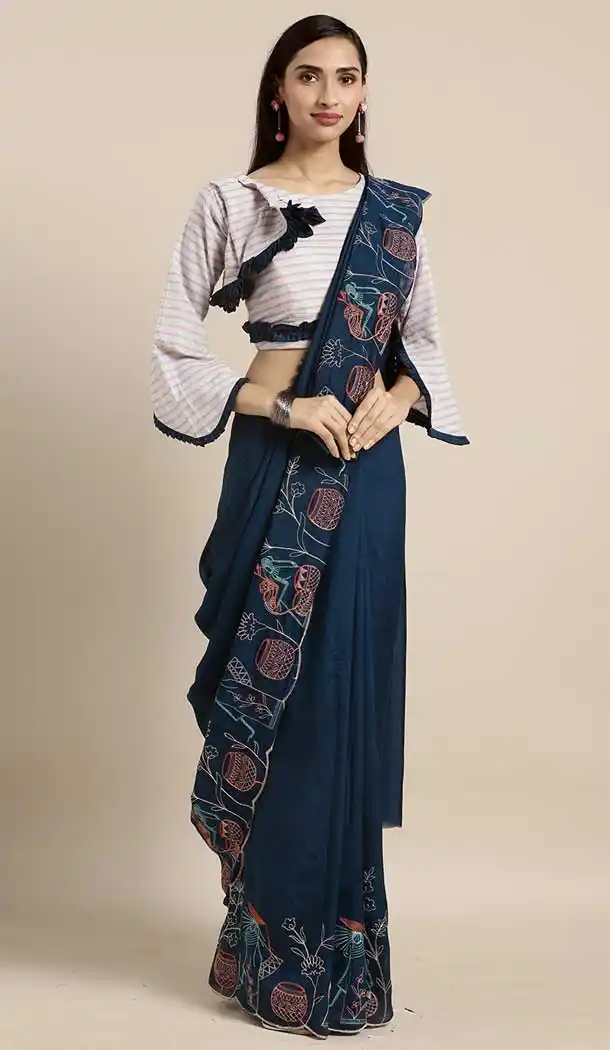 Exquisite Navy Blue Color Flex Georgette Casual Wear Lehenga Style Saree -773695082