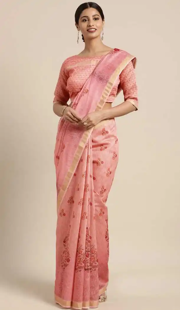 Unique Peach Color Cotton Linen Casual Wear Style Saree Blouse -773795089