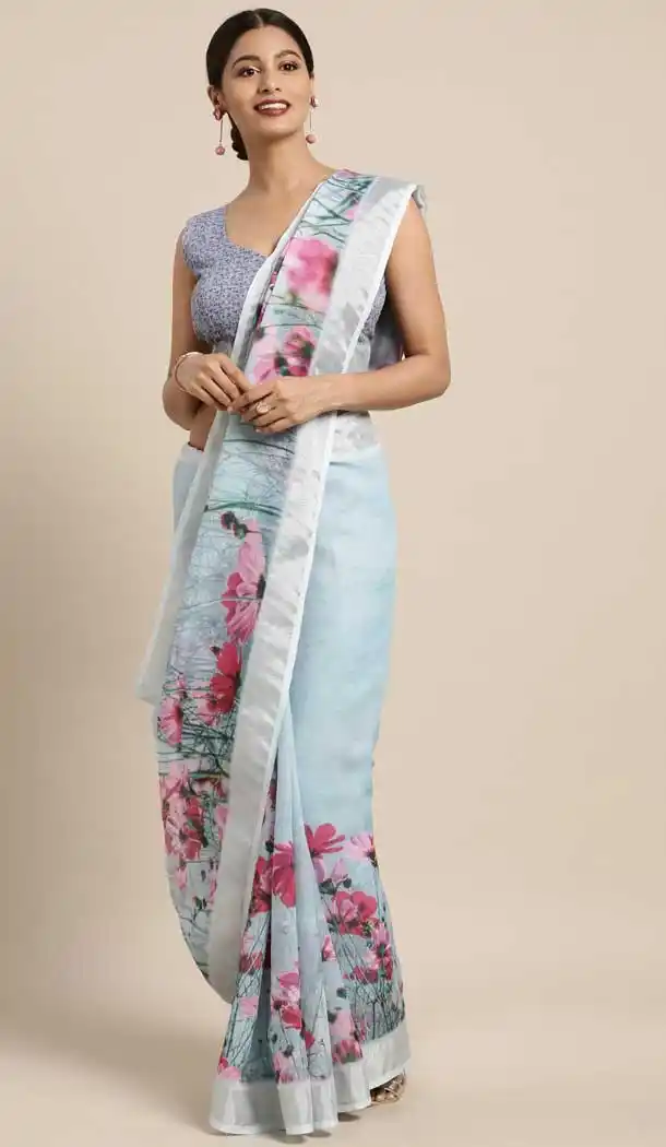 Sky Blue Color Cotton Linen Casual Wear Style Saree Blouse -773795100