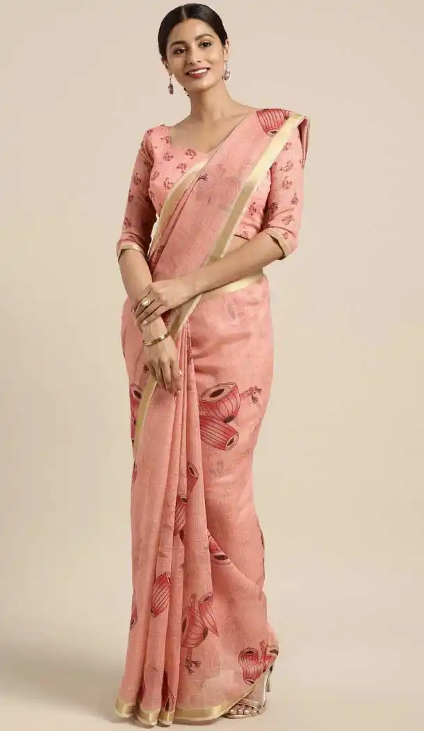 Attractive Peach Color Cotton Linen Casual Wear Style Saree Blouse -773795101