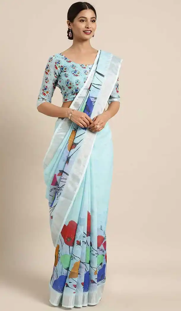 Occasion Sky Blue Color Cotton Linen Casual Wear Style Saree Blouse -773795103