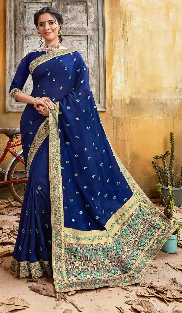 Navy Blue Color Chanderi Silk Designer Party Wear Saree -774295132