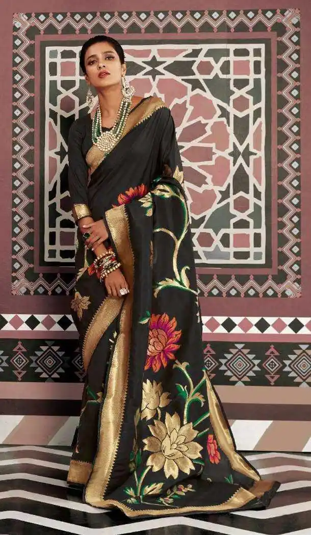 Traditional Black Color Silk Weaving Designer Party Wear Saree -773395059