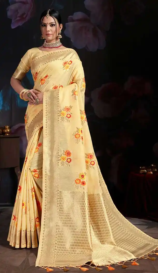 Cream Color Banarasi Cotton Silk Designer Traditional Wear Saree -774995203