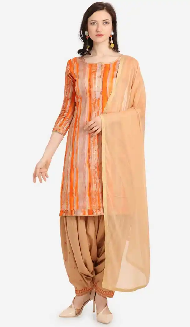 Pretty Orange Color Cotton Printed Casual Wea Punjabi Salwar Suit -775795341