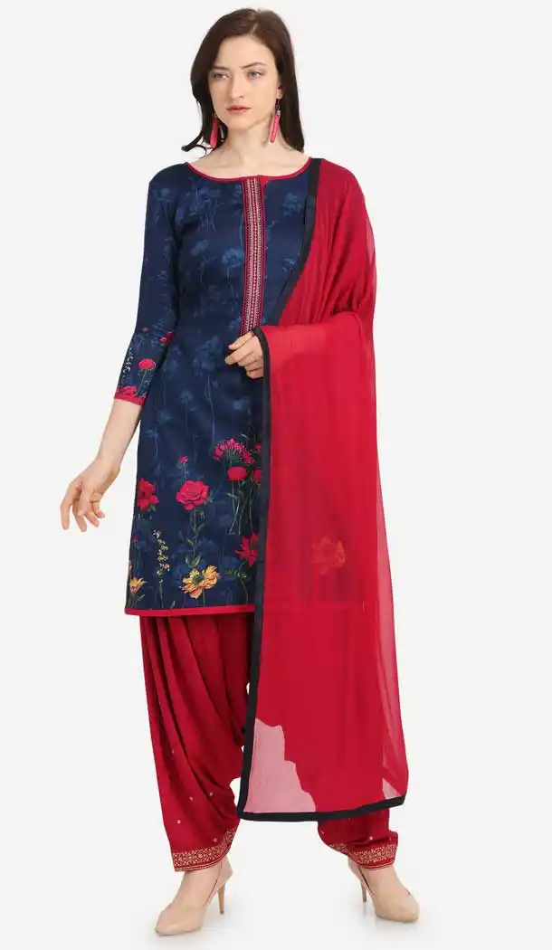 Luscious Navy Blue Color Cotton Printed Casual Wea Punjabi Salwar Suit -775795343