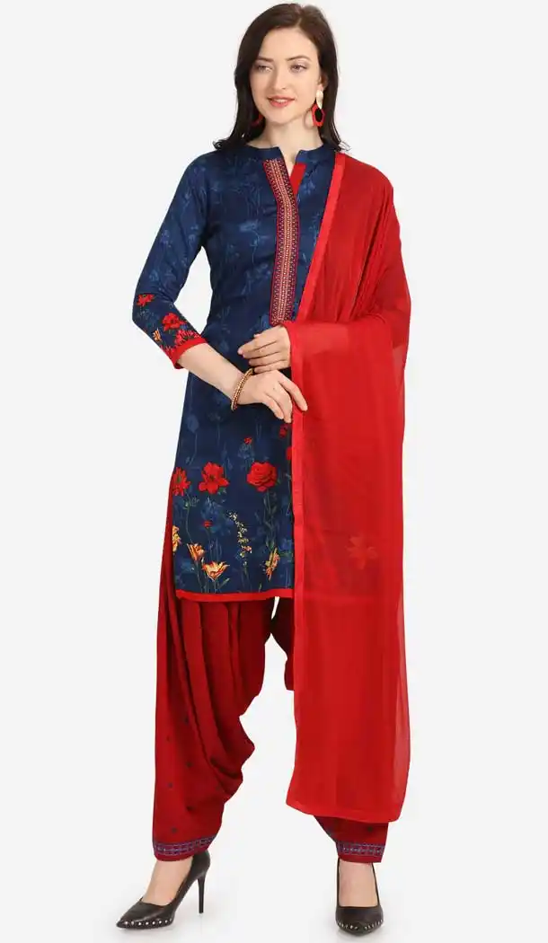 Charming Navy Blue Color Cotton Printed Casual Wea Punjabi Salwar Suit -775795344