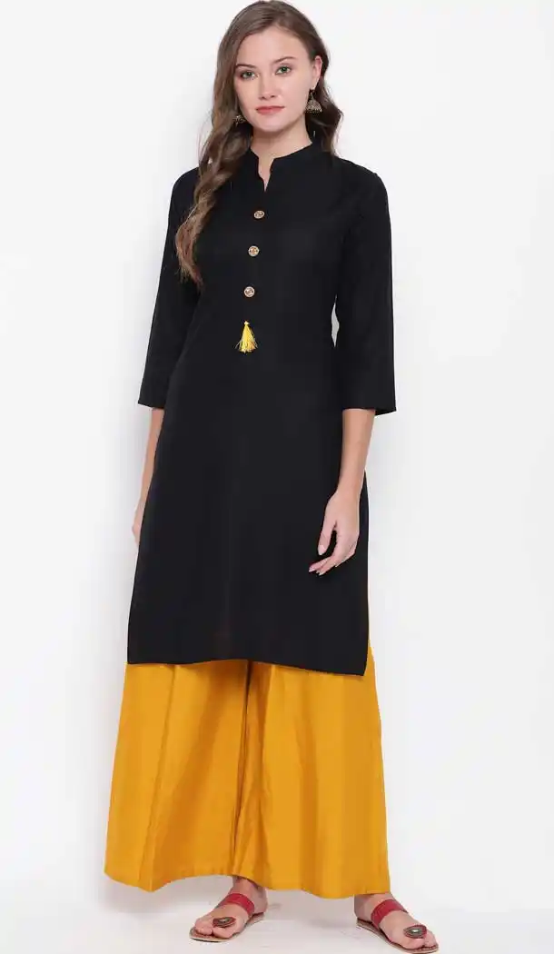Black And Yellow Color Rayon Casual Party Wear Readymade Kurti -776195401