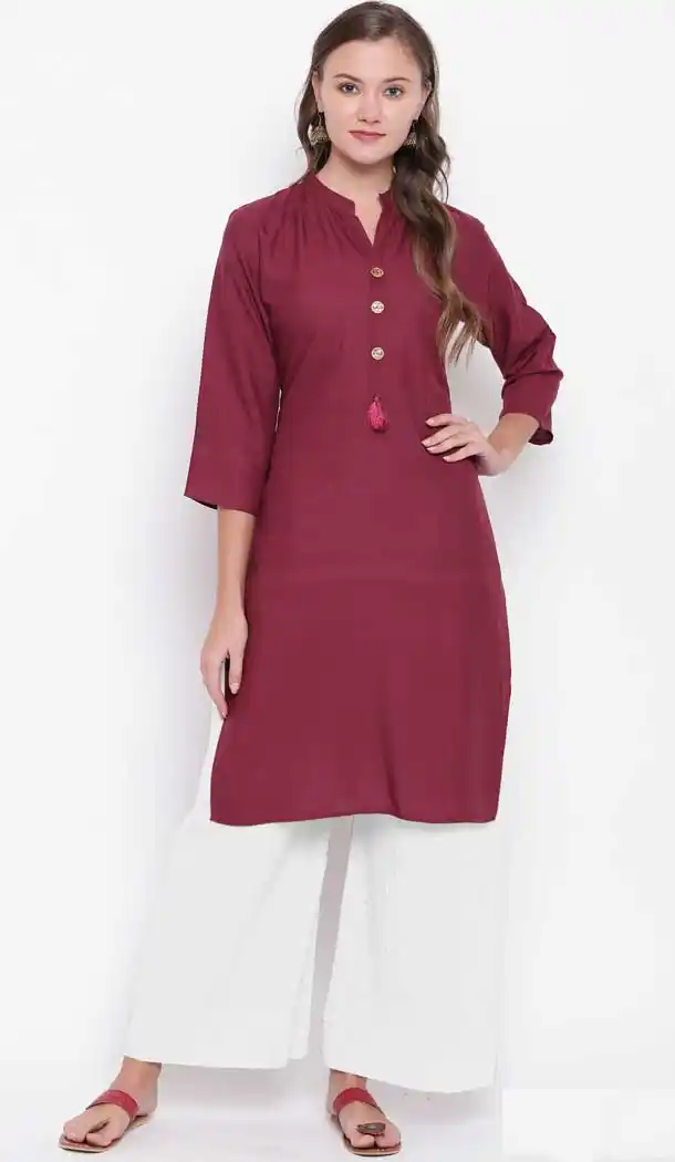 Wine And White Color Rayon Casual Party Wear Readymade Kurti -776195402