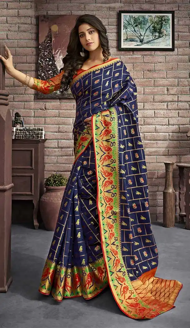 Navy Blue Color Jacquard Silk Traditional Wear Designer Saree Blouse -777595522