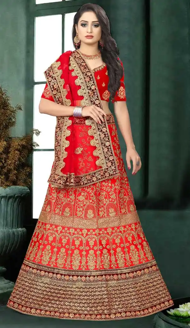 Aesthetic Red Color Satin Silk Designer Bridal Wedding Wear Lehenga Choli -777795535