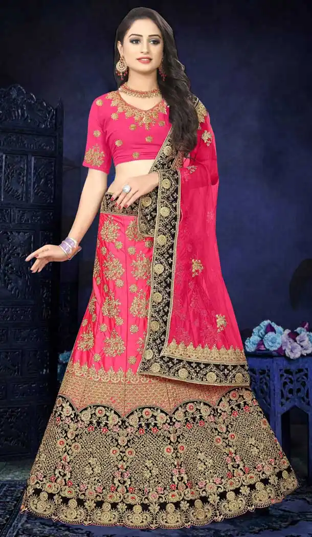 Fascinating Gajari Color Satin Silk Designer Bridal Wedding Wear Lehenga Choli -777795536