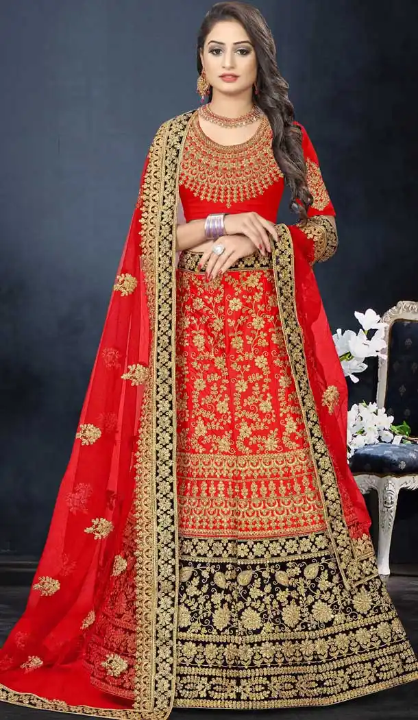 Magnificient Red Color Satin Silk Designer Bridal Wedding Wear Lehenga Choli -777795537