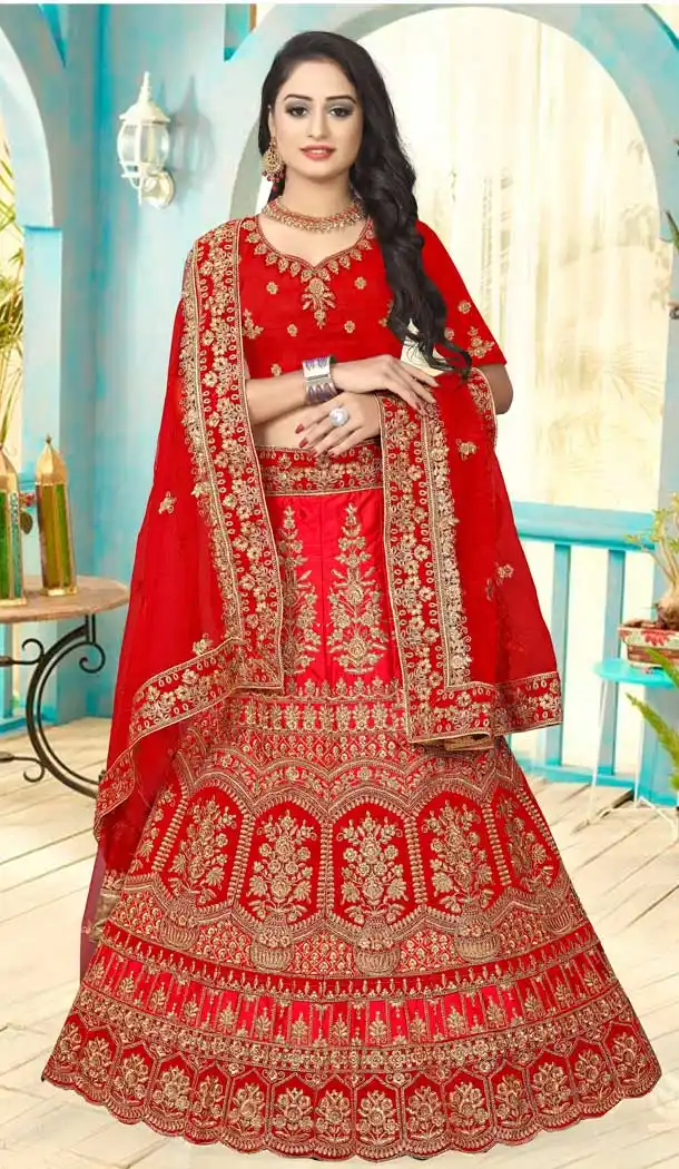 Gorgeous Red Color Satin Silk Designer Bridal Wedding Wear Lehenga Choli -777795538