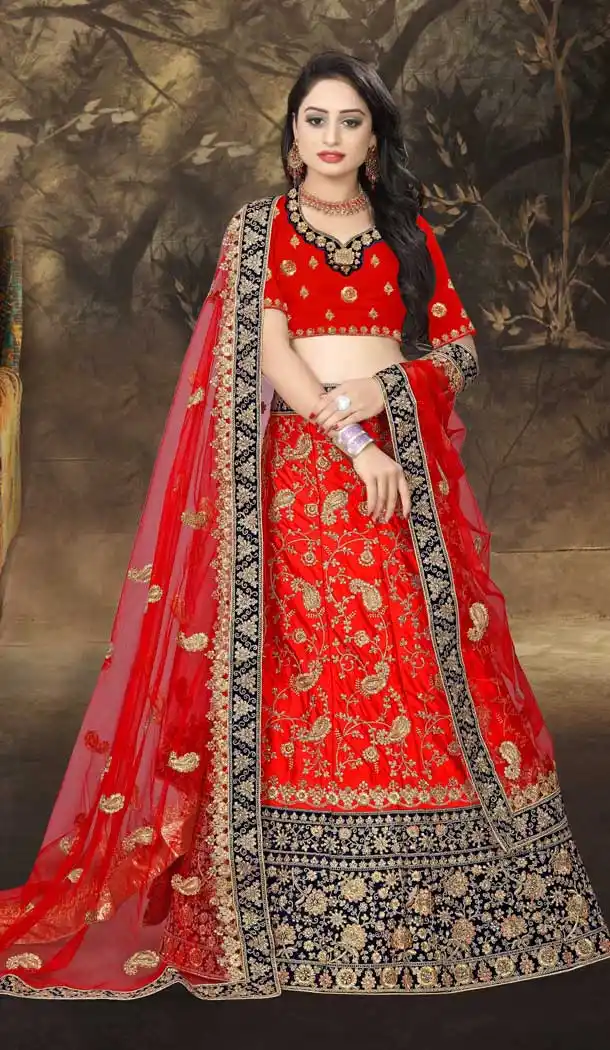 Enigmatic Red Color Satin Silk Designer Bridal Wedding Wear Lehenga Choli -777795541
