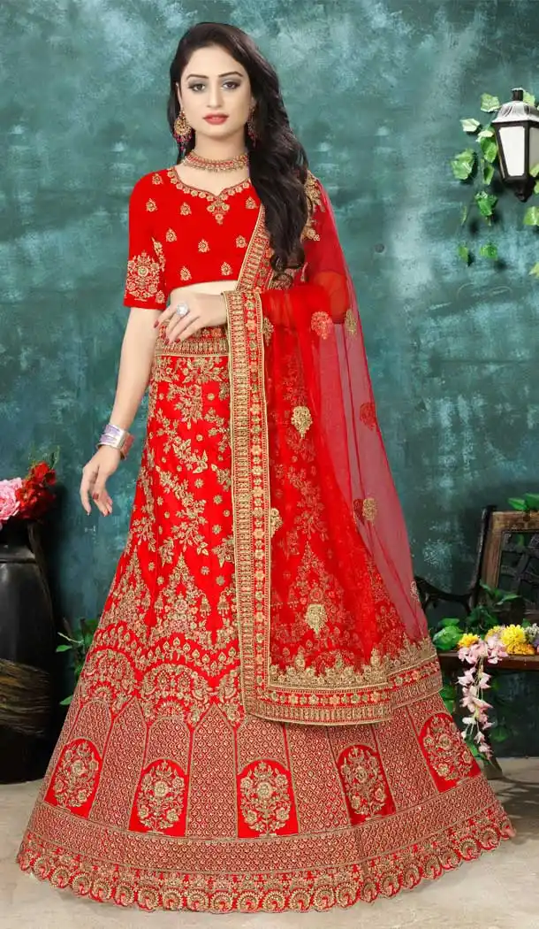 Classy Red Color Satin Silk Designer Bridal Wedding Wear Lehenga Choli -777795543