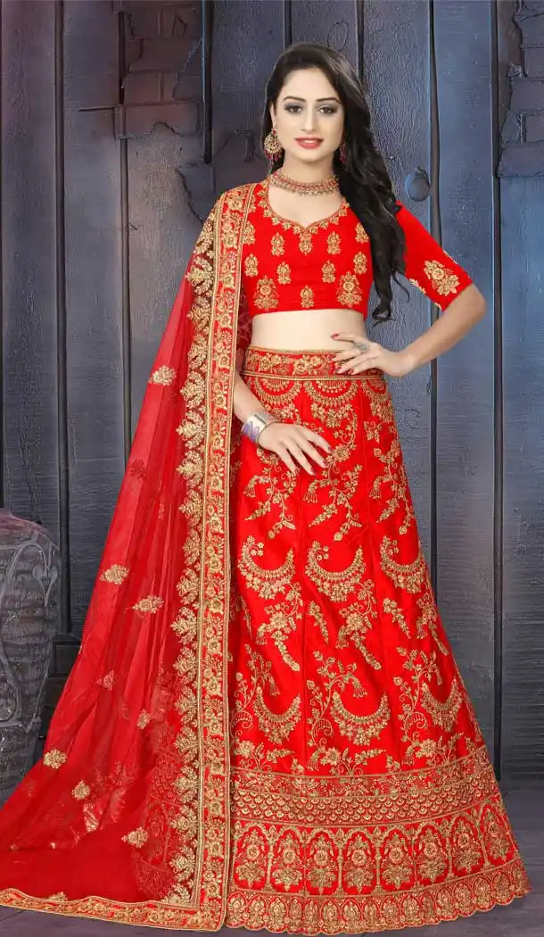 Chic Red Color Satin Silk Designer Bridal Wedding Wear Lehenga Choli -777795544