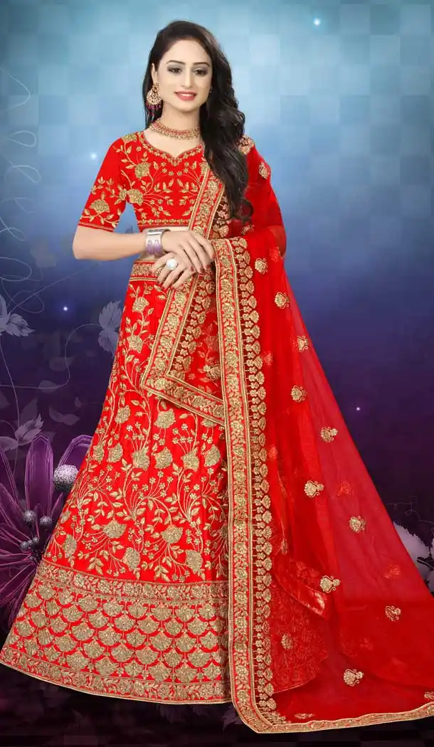 Tantalizing Red Color Satin Silk Designer Bridal Wedding Wear Lehenga Choli -777795549
