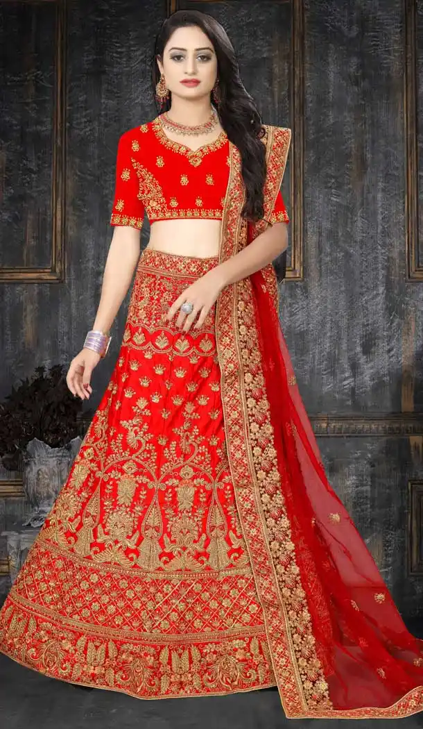 Crimson Red Color Satin Silk Designer Bridal Wedding Wear Lehenga Choli -777795551
