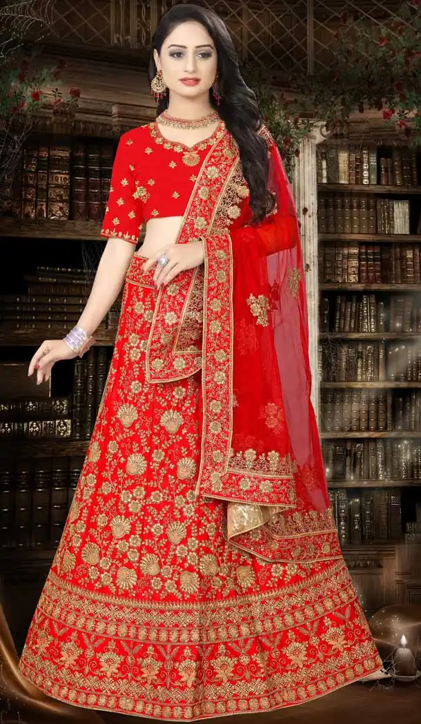 Red Color Satin Silk Designer Bridal Wedding Wear Lehenga Choli -777795552
