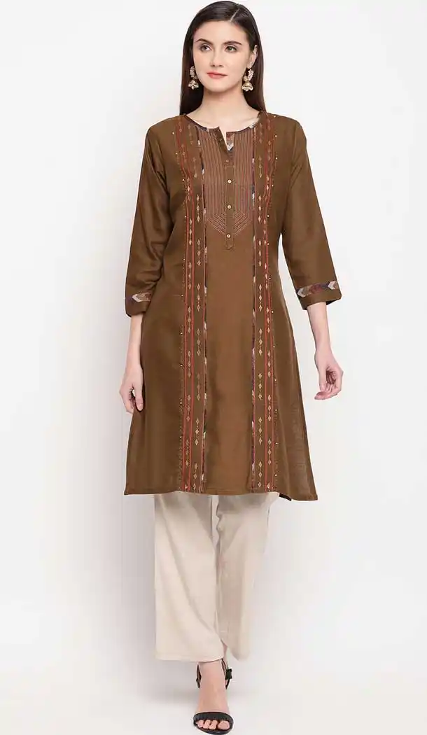 Coffee Color Rayon Casual Party Wear Plus Size Readymade Kurti -776495428