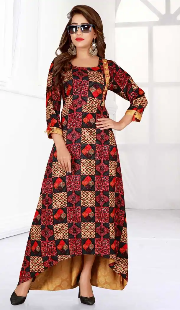 Classy Multi Color Heavy Rayon Designer Logn Readymade Kurti -777895554