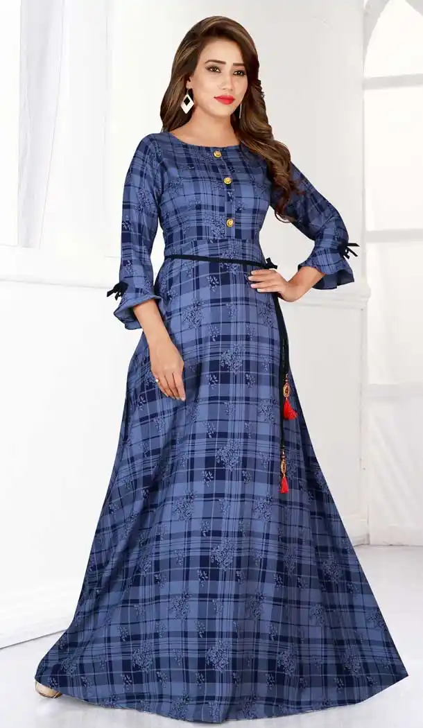 Attractive Blue Color Heavy Rayon Designer Logn Readymade Kurti -777895555