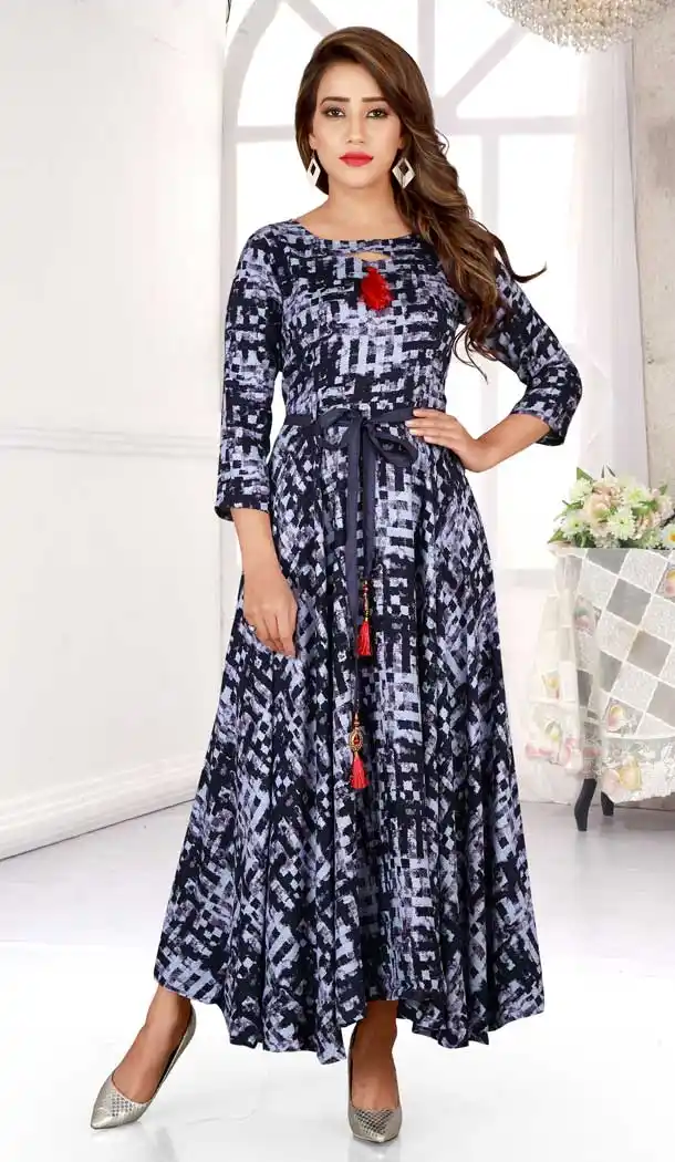 Exquisite Navy Blue Color Heavy Rayon Designer Logn Readymade Kurti -777895556