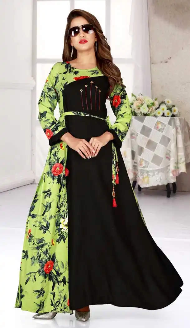 Green Black Color Heavy Rayon Designer Logn Readymade Kurti -777895557