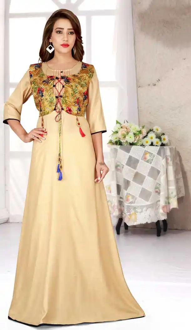 Exquisite Cream Color Heavy Rayon Designer Logn Readymade Kurti -777895558