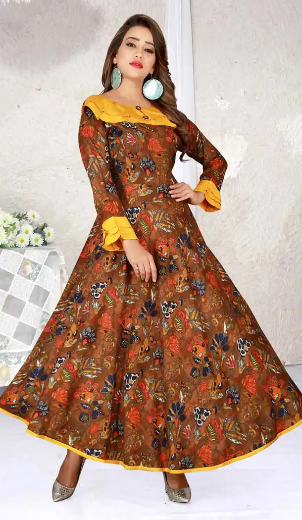 Chic Brown Color Heavy Rayon Designer Logn Readymade Kurti -777895559
