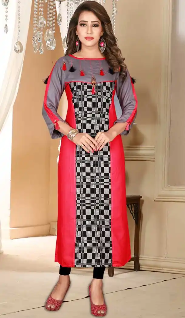 Tantalizing Pink Color Heavy Rayon Designer Logn Readymade Kurti -777895570