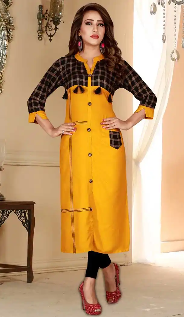 Dazzling Yellow Color Heavy Rayon Designer Logn Readymade Kurti -777895572
