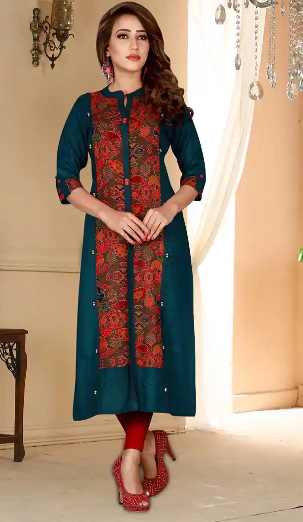 Green Color Heavy Rayon Designer Logn Readymade Kurti -777895573