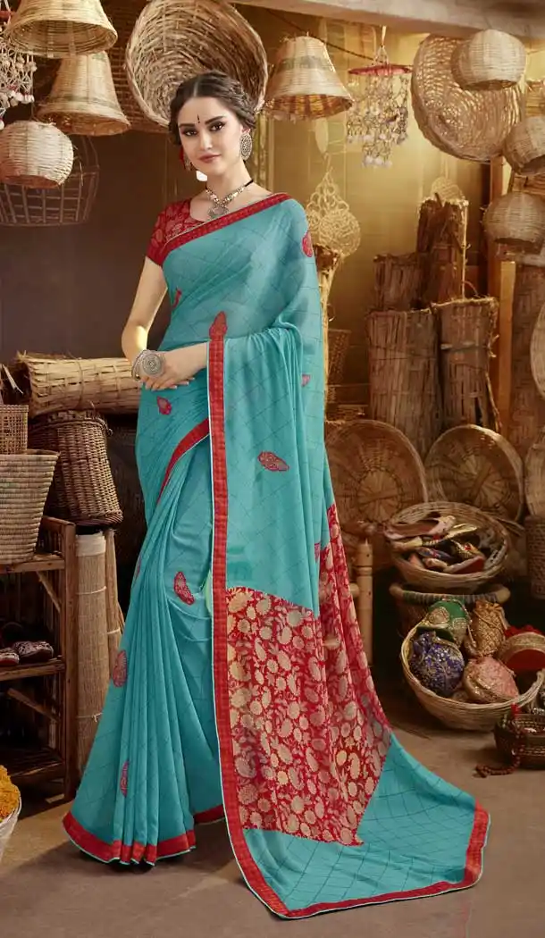 Stunning Blue Color Georgette Casual Wear Printed Saree Blouse -776895454