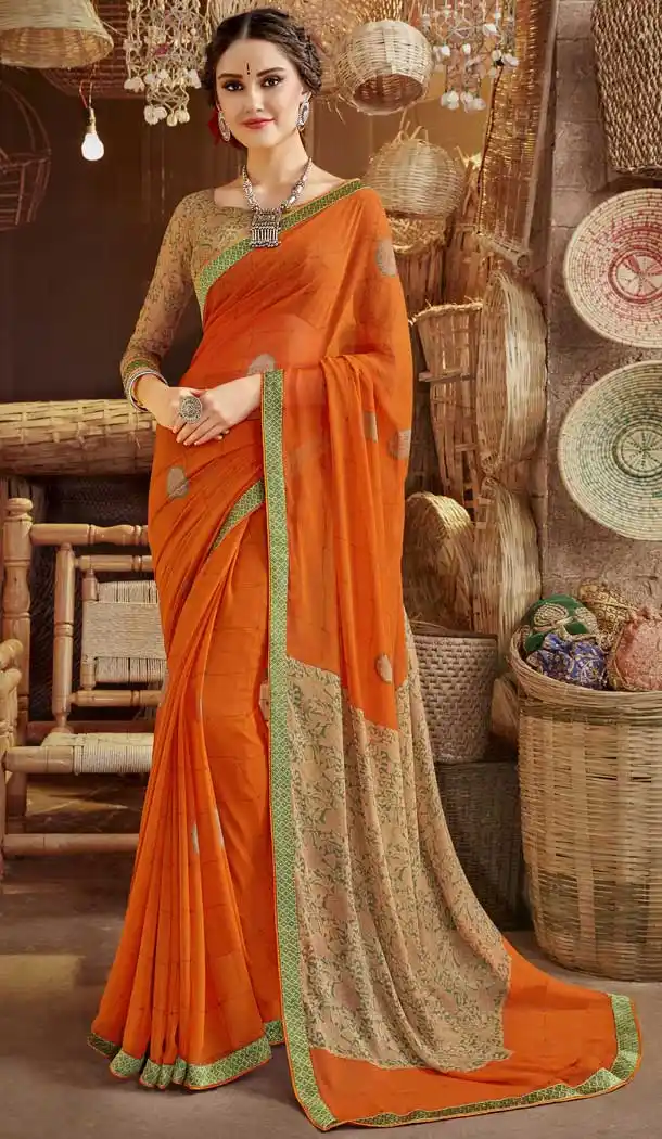 Glamorous Orange Color Georgette Casual Wear Printed Saree Blouse -776895460