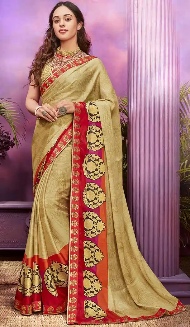 Dark Cream Color Chiffon Printed Chiffon Summer Wear Saree -778095588