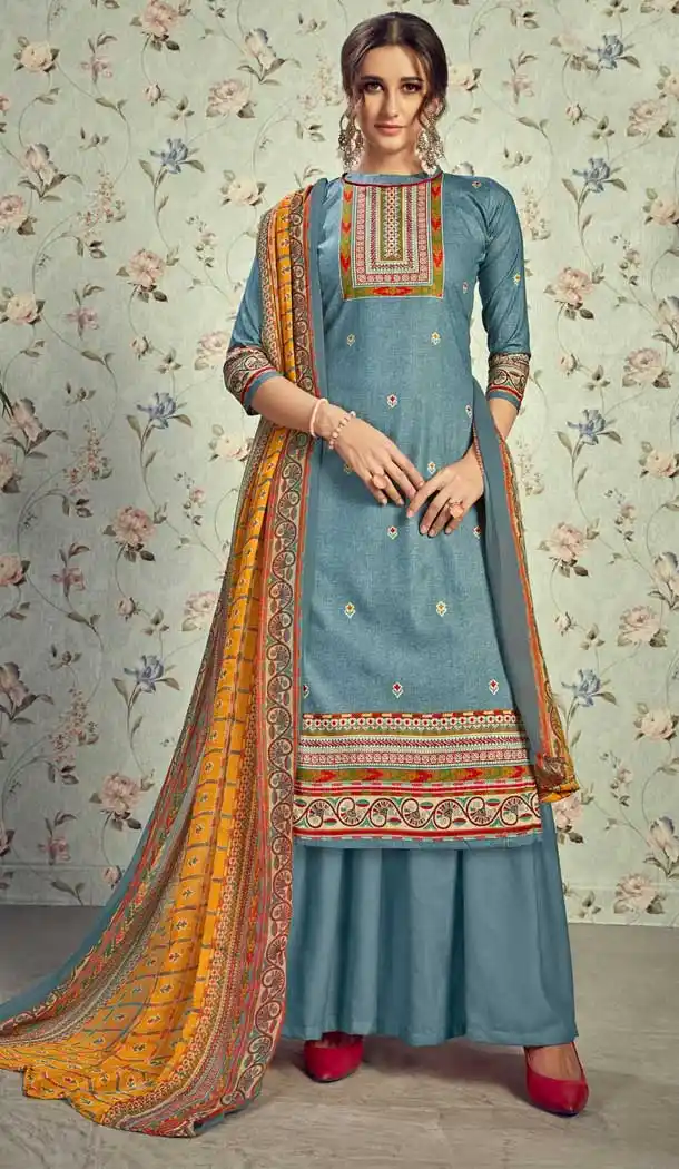Aesthetic Blue Color Pure Lawn Cottom Casual Wear Plazzo Suit -778595630