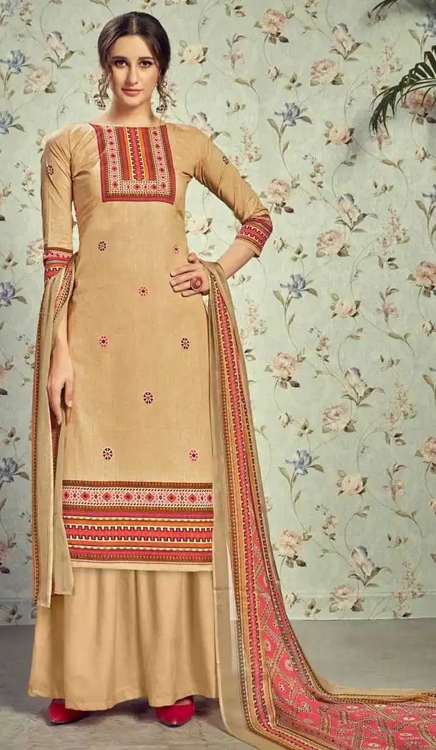 Attractive Cream Color Pure Lawn Cottom Casual Wear Plazzo Suit -778595632