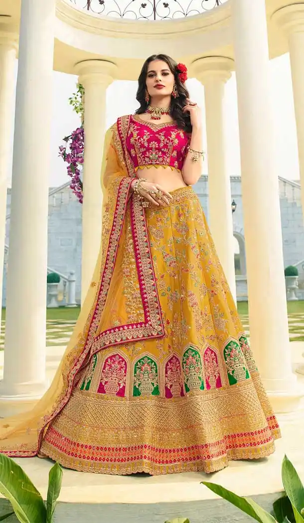 Yellow Color Satin Silk Heavy Designer Wedding Wear Bridal Lehenga -779895747