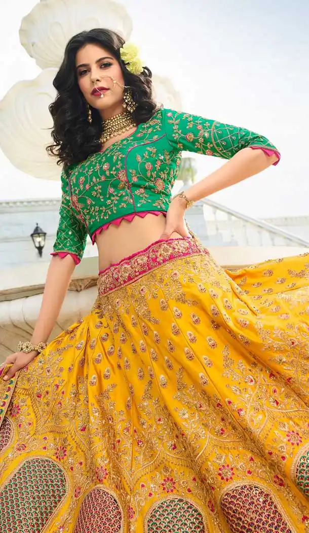 Stylish Yellow Color Satin Silk Heavy Designer Wedding Wear Bridal Lehenga -779895749