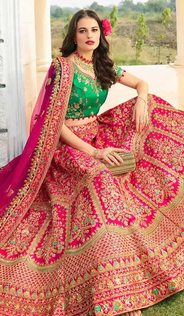 Rani Pink Color Satin Silk Heavy Designer Wedding Wear Bridal Lehenga -779895750