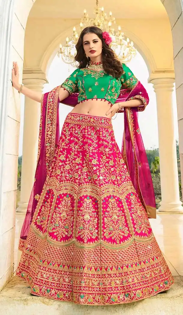 Rani Pink Color Satin Silk Heavy Designer Wedding Wear Bridal Lehenga -779895750