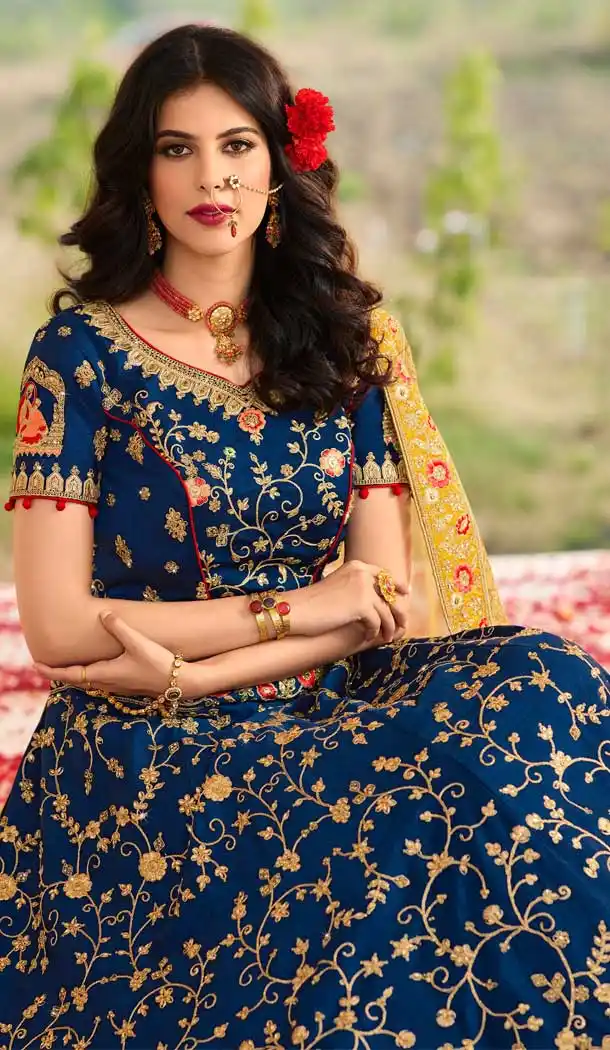 Blue Color Satin Silk Heavy Designer Wedding Wear Bridal Lehenga -779895752