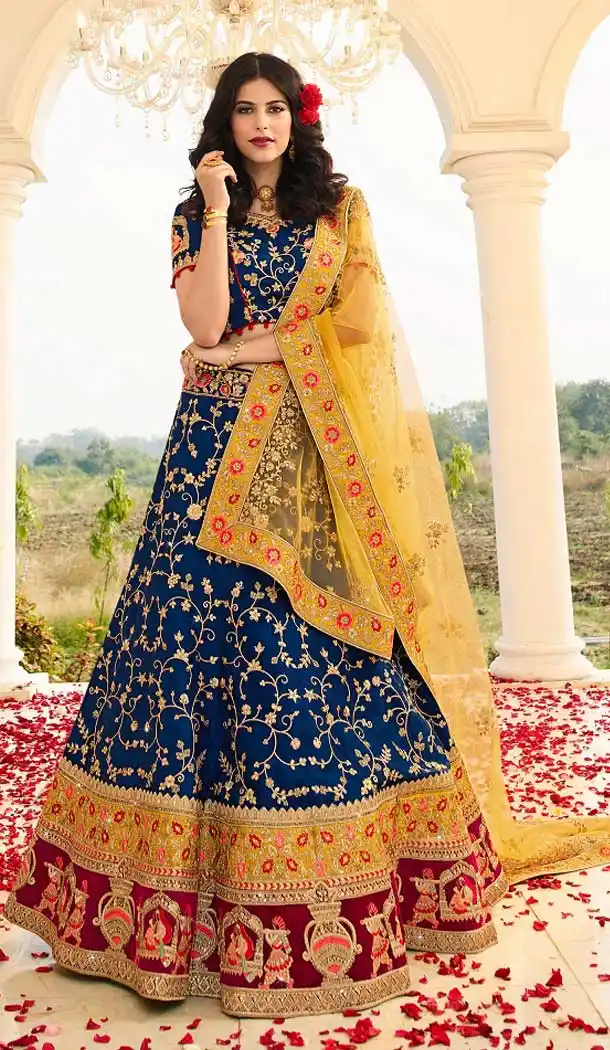 Blue Color Satin Silk Heavy Designer Wedding Wear Bridal Lehenga -779895752