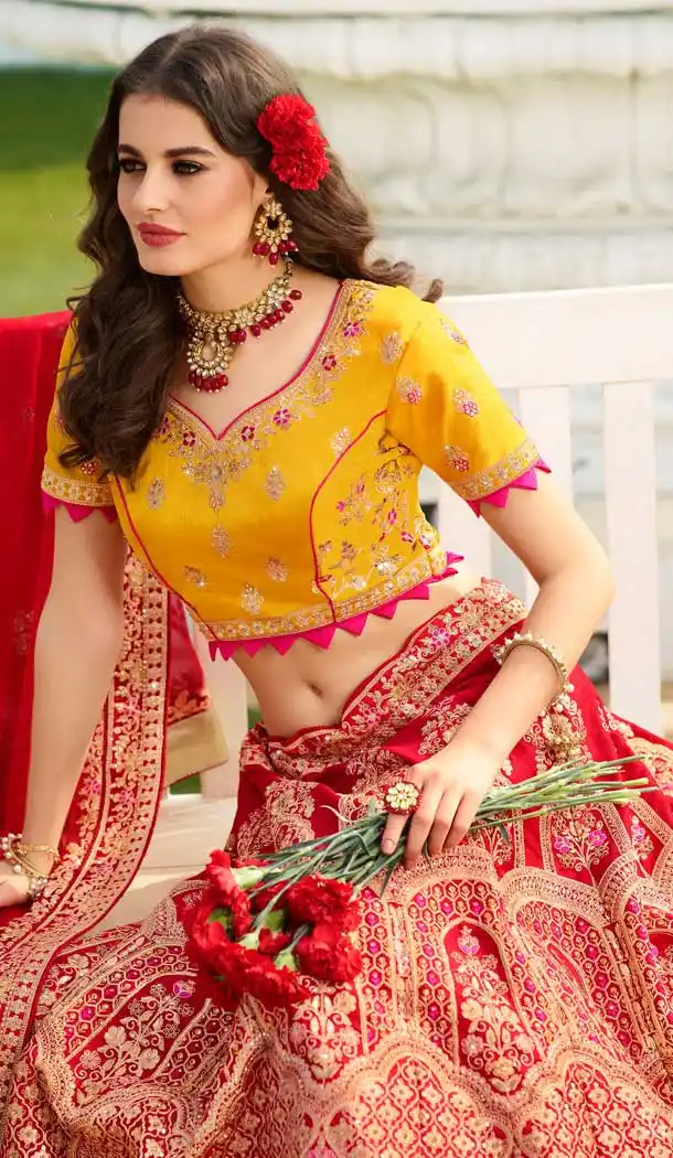 Red Color Satin Silk Heavy Designer Wedding Wear Bridal Lehenga -779895753