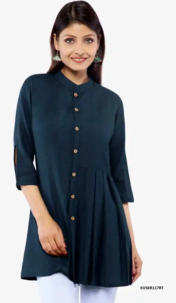 Steel Blue Color Rayon Casual Wear Fancy Readymade Short Kurti -778695639