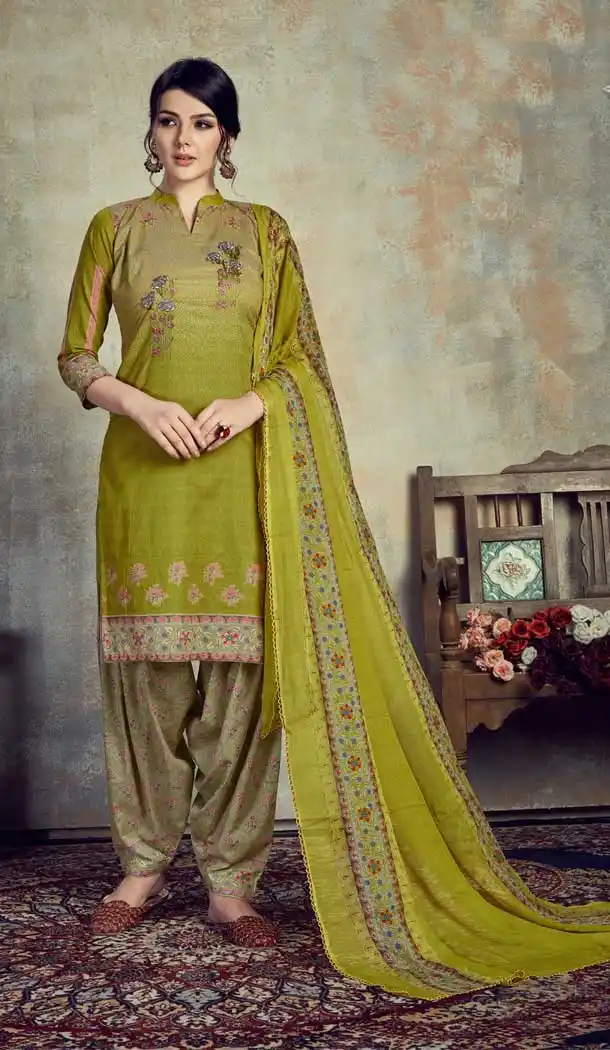 Olive Green Color Pure Cotton Discharge Digital Printed Patiyala Suit -780095779